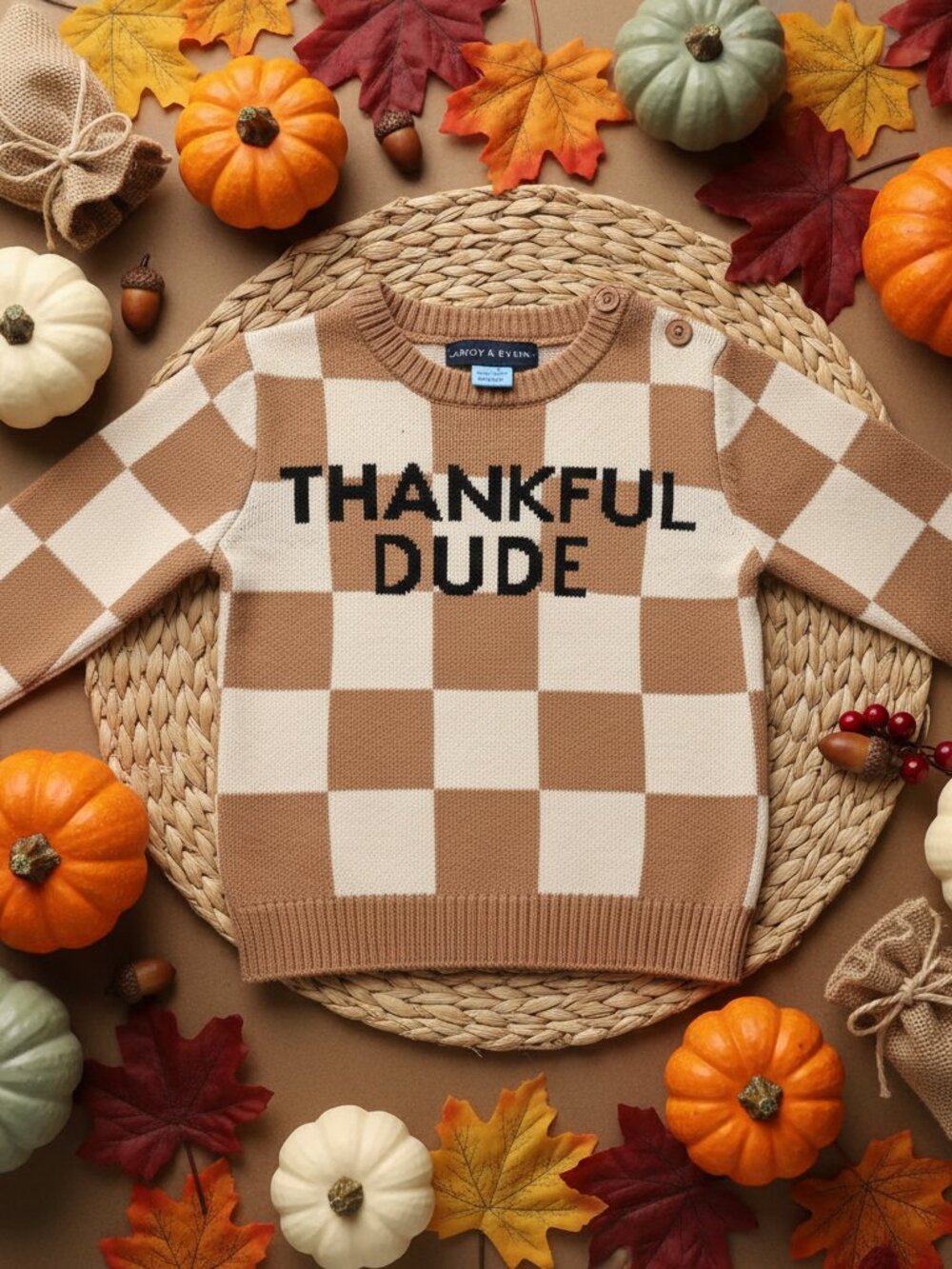 Andy & Evan Thankful Dude Sweater NWOT 9-12M Brown Checkerboard